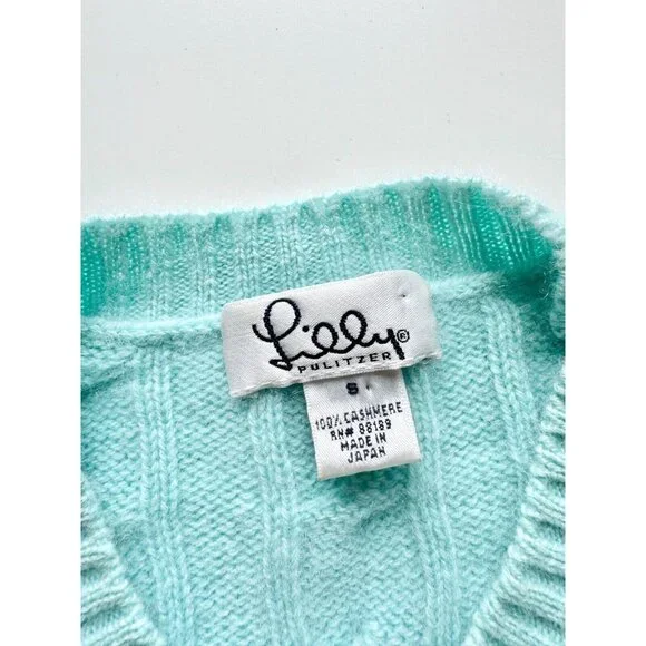 LILLY PULITZER Turquoise 100% Cashmere Cable Knit Crew Neck Sweater, Size S - Picture 10 of 11